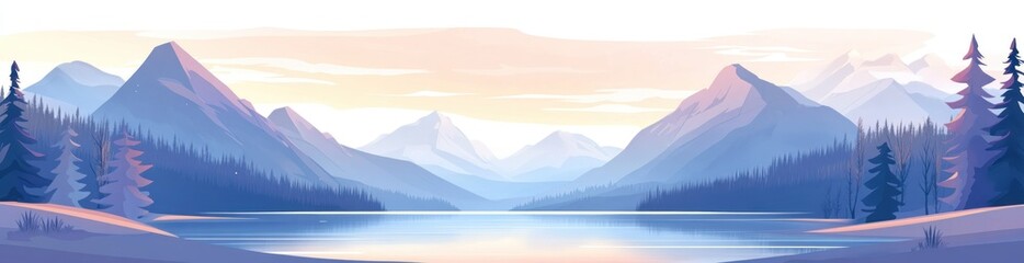 Poster - Serene mountain landscape with a tranquil lake at sunset.