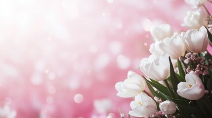 Wall Mural - A soft-focus image of white tulips against a pink background, evoking a serene, floral atmosphere.