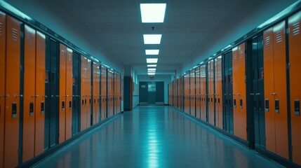 Poster - A hallway lined with orange lockers, creating a vibrant school environment.