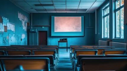 Poster - A spacious classroom with rows of chairs and a projector screen for presentations.