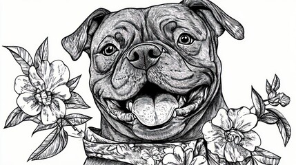 Canvas Print - A detailed illustration of a smiling dog surrounded by flowers, showcasing joy and nature.