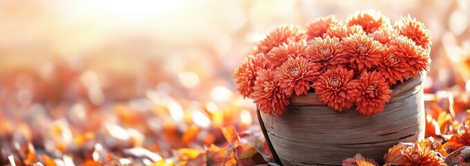 Poster - A rustic wooden pot filled with vibrant orange flowers surrounded by autumn leaves.