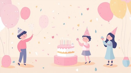 Canvas Print - Children celebrating with a birthday cake, balloons, and confetti in a festive setting.