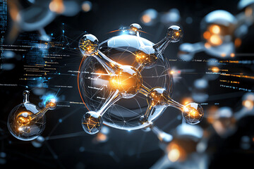 Poster - Abstract representation of molecular structure with glowing atoms and connections.