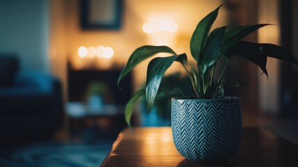 Canvas Print - A potted plant sits on a wooden table, creating a cozy atmosphere in a softly lit room.