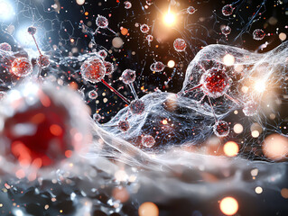 Poster - Abstract representation of molecular structure with glowing particles and webs.