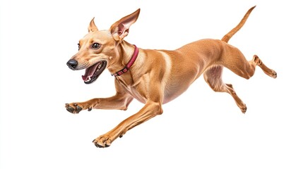 Wall Mural - A joyful dog leaping in mid-air against a white background.