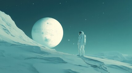 Wall Mural - an astronaut stands on a lunar surface, gazing at a large celestial body in the sky.