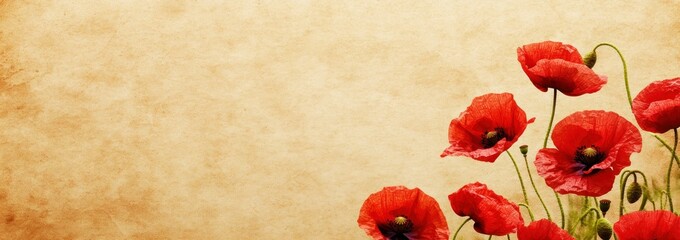 Canvas Print - A vintage-style background featuring vibrant red poppy flowers against a textured beige backdrop.