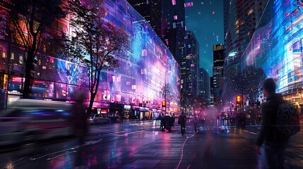 Wall Mural - A vibrant cityscape at night with colorful lights and bustling streets.