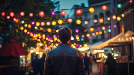 Wall Mural - A person stands in a vibrant market illuminated by colorful lights during twilight.