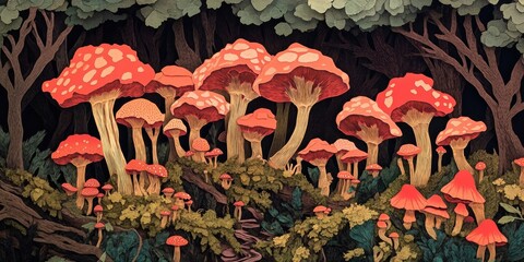 Poster - Honey mushrooms thrive in large clusters on decaying trees and within mossy clearings in lush forest settings