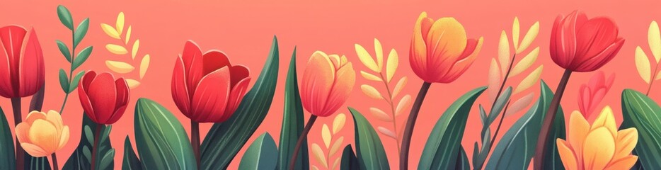 Sticker - A vibrant illustration of colorful tulips against a soft pink background.