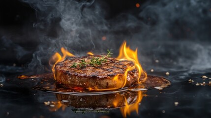 Poster - A sizzling steak with flames and smoke, showcasing culinary art and cooking techniques.