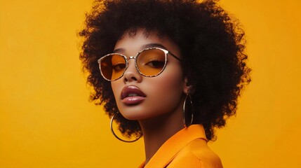 Vibrant portrait of a stylish woman with natural curly hair and sunglasses against a bold yellow background, exuding confidence and modern fashion flair.