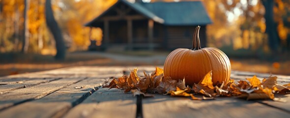 Wall Mural - A pumpkin rests on a wooden table surrounded by autumn leaves near a cozy cabin.