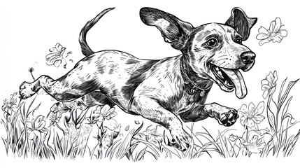 Sticker - A playful dog joyfully running through a field of flowers.