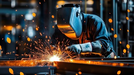 Canvas Print - A welder sparks bright flames while working on metal structures in an industrial setting.