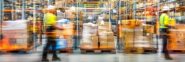 Wall Mural - Workers moving boxes in a warehouse, showcasing logistics and inventory management.