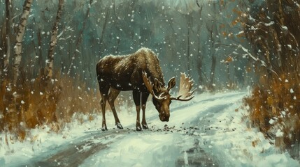 Poster - A moose grazes on a snowy path surrounded by trees in a serene winter landscape.