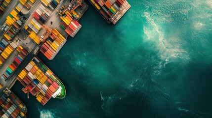 Poster - Aerial view of a busy shipping port with colorful containers and turquoise water.