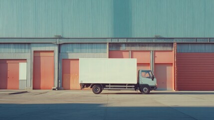 Sticker - A white delivery truck parked beside a warehouse with colorful garage doors.