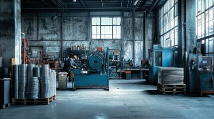 Poster - A spacious industrial workshop with machinery and materials for manufacturing.