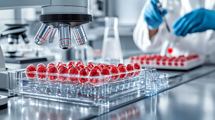 Poster - Scientist examining samples through microscope in a modern lab, white isolate background.