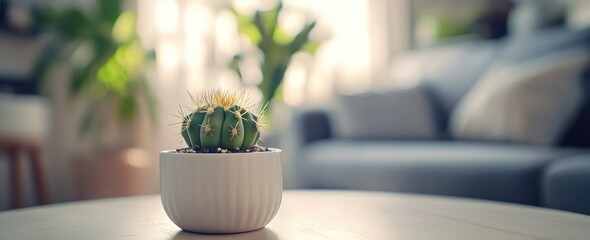 Wall Mural - A small cactus in a white pot on a table, with a cozy living room in the background.