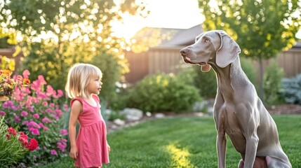 Sticker - A young girl interacts with a dog in a sunlit garden filled with flowers.