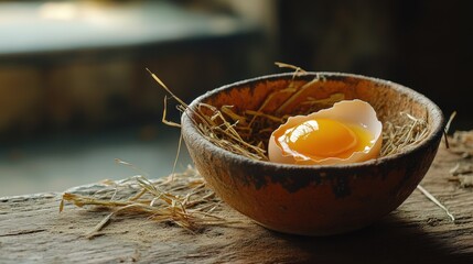 Poster - A raw egg yolk sits in a rustic bowl, surrounded by straw, evoking a natural, homely vibe.