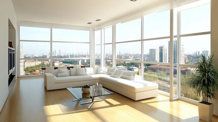 Poster - Modern living room with large windows offering city views and a minimalist design.