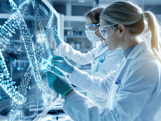 Poster - Scientists using advanced technology in a modern laboratory setting.