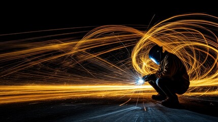 Poster - A welder creates sparks while working, showcasing dynamic light trails in a dark setting.