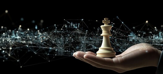 Poster - A hand holds a chess king piece against a backdrop of abstract digital connections.