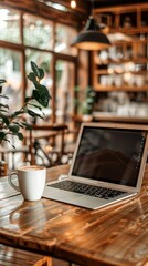 Cozy cafe ambiance with laptop and coffee cup on wooden table, surrounded by warm lighting and lush plants, perfect for remote work or study.