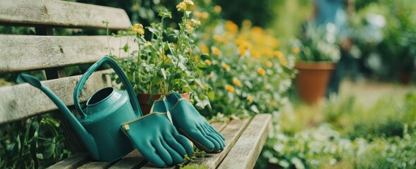 Sticker - A serene garden scene featuring a watering can and gloves on a bench surrounded by flowers.