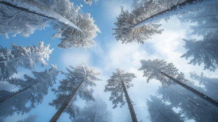 Wall Mural - Serene Winter Wonderland, tranquil forest scene with snow-covered branches forming a stunning canopy, inviting calm and reflection