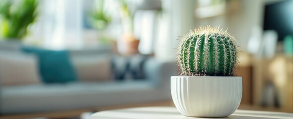 Poster - A potted cactus on a table in a bright, cozy living space.