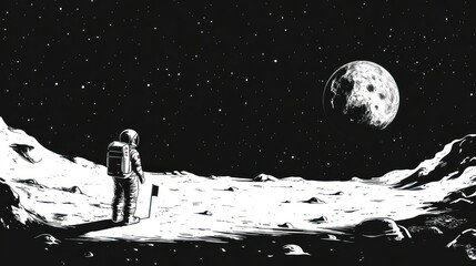 Wall Mural - an astronaut stands on the moon, gazing at earth in a starry sky.