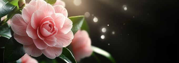 Canvas Print - A close-up of a pink flower with leaves, set against a soft, blurred background.