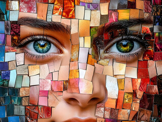 abstract digital collage of diverse faces forming vibrant mosaic human portrait