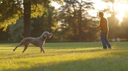 Canvas Print - A person playing with a dog in a sunlit park, enjoying leisure time outdoors.