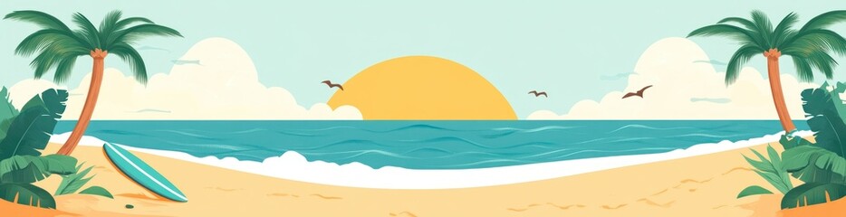 Poster - A serene beach scene with palm trees, waves, and a sunset, ideal for relaxation and leisure.