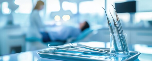 Canvas Print - Dental tools on a tray in a clinic, with a patient in the background.