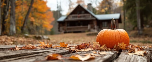 Sticker - A cozy cabin surrounded by autumn foliage and a pumpkin on a wooden surface.