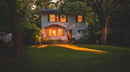 Poster - A serene evening view of a house with warm lights glowing through the windows.