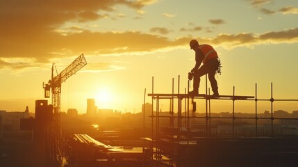 Canvas Print - A construction worker is silhouetted against a sunset while working on scaffolding.