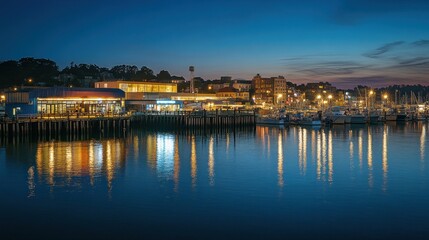 Wall Mural - A serene waterfront scene at dusk with illuminated buildings and boats reflecting on the water.