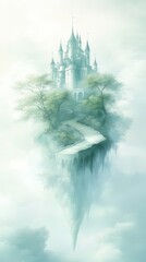 Wall Mural - A castle is floating in the sky with a white staircase leading up to it